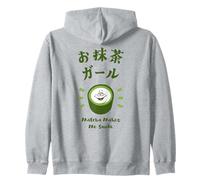 Ragazza Kawaii con Matcha Latte Kanji Giapponesi Pop Carino Felpa con Cappuccio
