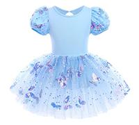 Ragazza Manica Corta Tutu Ballerina Ricamo Paillettes Farfalla Body Danza Bimba Body Ginnastica Artistica Ballerina Costume per Bambina Vestito dal Balletto Danza Classica Blu 6-7 Anni