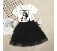 Ragazza Tween con grafica figura e lettera Maglietta & stratificato mesh Gonne 6Y,7Y,8Y,9Y,10Y,11-12Y,13-14YFumetto,Ritratto,LettereTessuto,Tessuto in tulle