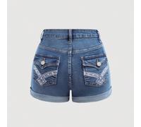 Ragazza Tween Y2k alla moda Stonewashed Dettaglio Ricamato Giro Hem Jeans Corti In Denim Con Tasca Inclinata, Abiti Estivi Corti Per Ragazze 8Y,9Y,10Y,11Y,12YColore unicoDenim