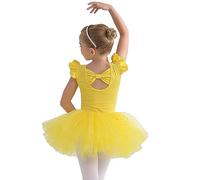 Ragazza Vestito da Balletto Gonne tutù per Ragazze in Tulle a 4 Strati Body per Danza tutù da Balletto Leotard Vestito Ginnastica Manica Corta Ballerina Bambina Body,150, Yellow