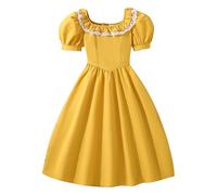 Ragazze Abiti Casual Bubble Sleeve Una Linea Quadrato Collo Pizzo Pieghe Bambini Elegante Retrò Smock Principessa Vestito Compleanno Matrimonio, Giallo, 9-10 Anni