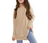 Ragazze Bambini Trendy Solid Top Girocollo Carino Running Loose T Shirt Estate Manica Lunga Vestibilità Larga 2026 Compleanno Tee Shirt Casual Tees Shirt Tshirt Bambini Ragazze, cachi, 13-14 Anni
