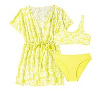 Ragazze Bikini Set - Costume da bagno per bambina costume da bagno a maniche lunghe per bambina con mantello da bagno costume da bagno da spiaggia protezione anti-abrasione (Yellow 12-13 Years)