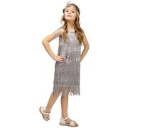 Ragazze Flapper Dress Paillettes Frange Latino Dance Dress Nappa Tango Dress Costume da Ballo con Fascia di Piume,Grigio,140/152cm