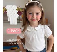 Ragazze giovani set da 3 pezzi camicia bianca, colletto Peter Pan, manica patchwork con decorazione elastica a germoglio, t-shirt basic colore solido aderente per il ritorno a scuola 6Y,7Y,4Y,5YColore