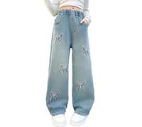 Ragazze Jeans Baggy Cargo Pantaloni Denim Adolescente Bambini Ragazza Jeans Elastico in Vita Gamba Larga Moda Abbigliamento Casual Hip Hop Streetwear Casual Pantaloni larghi, 100-180, 10-blu, 160 cm