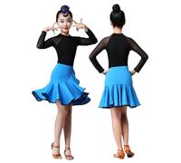 Ragazze Moderno Abito Latino Sala da Ballo Maglia Manica Lunga Body con Irregolare Volant Gonna 2 Pezzo Vestito per Bambini Samba Tango Cha-Cha Stage Performance Costume,Blu,150cm