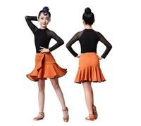 Ragazze Moderno Abito Latino Sala da Ballo Maglia Manica Lunga Body con Irregolare Volant Gonna 2 Pezzo Vestito per Bambini Samba Tango Cha-Cha Stage Performance Costume,Arancia,130cm