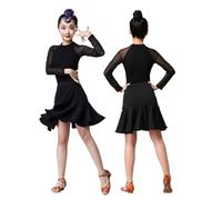 Ragazze Moderno Abito Latino Sala da Ballo Maglia Manica Lunga Body con Irregolare Volant Gonna 2 Pezzo Vestito per Bambini Samba Tango Cha-Cha Stage Performance Costume,Nero,130cm