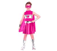 Ragazze Rosa Supereroe Vestito Costume Mantella Maschera Argento Bambini 3-13