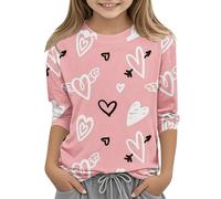 Ragazze San Valentino 3/4 Lunghezza Camicia San Valentino Carino Love Hearts Pullover Bambini Casual Moda Girocollo Cotone Maglione Baggy Morbido Comfort Bottom Top Scuola Uniforme, Rosa-e, 8-9 Anni