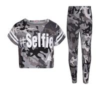 Ragazze # Selfie Carbone & Rosa Confetto Mimetica Trendy Top Corto Set Leggings