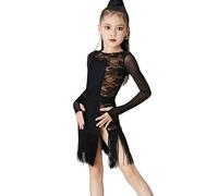 Ragazze Vestito da Ballo Latino, Maniche Lunghe Nero Abito da Pratica Cha Cha Rumba Fringe Dress Bambini Performance Dancewear,Nero,140