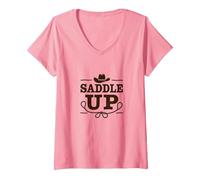 Ragazze Western Saddle Up Cowgirl Rodeo Avventura Maglietta con Collo a V, Donna, Rosa, L