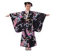 Ragazze Yukata Kimono Pigiama Accappatoio Giapponese Lunga Bianco e Nero Tradizionale Abito Costume Giapponese Vintage Costumi per Bambini Bambina Vestito da Carneval Festa (X-1-Black, 9-10 Years)