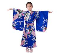 Ragazze Yukata Kimono Pigiama Accappatoio Giapponese Lunga Bianco e Nero Tradizionale Abito Costume Giapponese Vintage Costumi per Bambini Bambina Vestito da Carneval Festa (X-1-Blue, 9-10 Years)