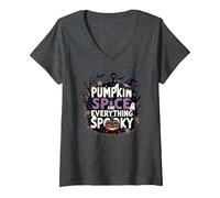 Ragazzi Halloween Pumpkin Spice e Tutto Spooky Maglietta con Collo a V, Donna, Grigio Scuro, L