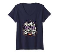 Ragazzi Halloween Pumpkin Spice e Tutto Spooky Maglietta con Collo a V, Donna, Navy, L