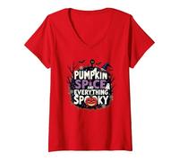 Ragazzi Halloween Pumpkin Spice e Tutto Spooky Maglietta con Collo a V, Donna, Rosso, L