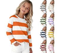 Ragazzi Ragazze Cotone Manica Lunga A Righe T-shirt Bambini Girocollo Casual Primavera Top Base Camicette Pullover Teen Elastico Regular Fit Felpe, Arancione, 4-5 Anni