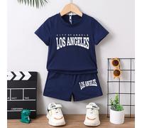 Ragazzino blu navy semplice & cool con collo rotondo con manico normale Top e Shorts due pezzi Set per l'estate 6Y,7Y,4Y,5Y,3-4YTessuto