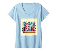 Ragazzo Asilo Pronto per K Educativo Divertimento Maglietta con Collo a V, Donna, Celeste, M