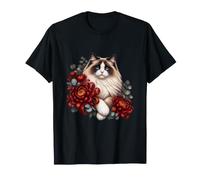 Ragdoll Cat con crisantemi Rossi ed eucalipto Argento Maglietta