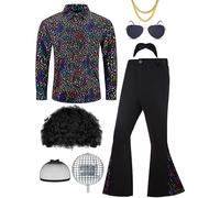 Ragelion Uomo 70s Disco Outfit Adulto Halloween Costume Include Retro Camicia Bell Bottom Pantaloni Parrucca Occhiali da sole Collana Baffi Parrucca Cap per la festa (Colorato, XXL)