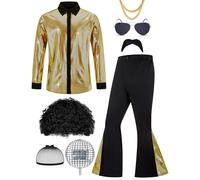 Ragelion Uomo 70s Disco Outfit Adulto Halloween Costume Include Retro Camicia Bell Bottom Pantaloni Parrucca Occhiali da sole Collana Baffi Parrucca Cap per la festa (Oro, XXL)