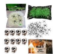 ragnatela decorativa luminosa per Halloween con 20 ragni fluorescenti, 64 piccoli ragni neri, 120g rete e 10 teschi finti - decorazioni horror per feste e giardini