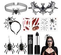 Ragno Cerchietto Halloween 10 Pezzi, Maschera Pizzo Ragno Halloween, Orecchini a Forma di RagNo, Tiara RagnO HallOween, Tatuaggi di RAgno di HalLoween, HaLloween Cerchietto