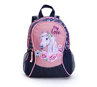 Ragusa-Trade Zaino per fan dei cavalli, per ragazzi e ragazze, con grandi scomparti e rete per bevande, Blu/Rosa (81863), 35 x 27 x 15 cm