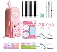 Raheem Set di 35 graziosi astucci per matite con astuccio Cherry Girl, 3 penne a sfera con inchiostro gel (0,5 mm) con 20 ricariche, 2 gomme, 240 pagine per appunti, 6 graffette, 1 nota adesiva (rosa)