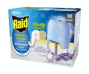 Raid® Elettrico liquido Family Lavanda 30 notti - Presa anti-zanzare comune e tigre 2 in 1, uccide e spaventa. Apparecchio + Ricambio Fragranza Lavanda