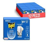 Raid Liquido Elettrico Antizanzare, Inodore, 12 Diffusori e 12 Ricariche | Efficace Contro Zanzare Comuni e Tigre, Formato Scorta, Ogni Ricarica Dura 30 Notti