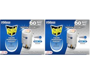 Raid Liquido Elettrico Protezione+ Antizanzare Comuni e Tigre, Inodore, Protezione Regolabile, Confezione da 2 Diffusore e 1 Ricarica 36ml, 60 Notti