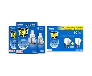 Raid Liquido Elettrico tripla ricarica, 60 Notti, 3 Confezioni da 36 ml + Antizanzare Comuni e Tigre, Inodore, Confezione da 2 Diffusori e 2 Ricariche, 60 Notti