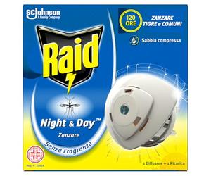 Raid Night & Day Base con Ricarica, Antizanzare e Repellente Zanzare Inodore a Sabbia Compressa, Contiene 1 Diffusore e 1 Ricarica, Senza Profumo