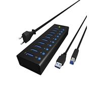 RAIDSONIC Technology GmbH ICY BOX IB-AC6110 Hub USB 3.0 a 10 vie con alimentazione (12V/4A), porta di ricarica, alluminio pieno, fissaggio in velcro, nero