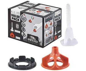Raimondi RLS Vite Valute Pack 180VVP15F Kit Sistema R.L.S Levelling System 1000 Viti Basi Flat Forma Meno - Piastrelle Altezza da 3 a 15 mm e per Fuga da 1,5 mm + 300 Ghiere + 5 Rondelle Antigraffio