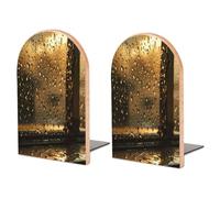 Rain Hits The Window - Fermalibri per libri pesanti, 1 paio di fermalibri in legno con base in metallo, supporto per libri rustici, decorazione per casa e ufficio, antiscivolo, robusti supporti per