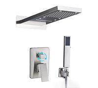 Rain Shower System LED Shower Faucet Set Wall Mounted Shower Combo Set Brass Single Handle Rain Mixer Shower with LED Rainfall And Waterfall Shower Head, Handheld Shower,Brushed Nickel