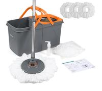 Rainberg Set mocio rotante e secchio con 3 teste extra, manico allungabile da 130 cm, teste in microfibra lavabili in lavatrice, sistema autorestrizzante, grigio e arancione (set mocio rotante)