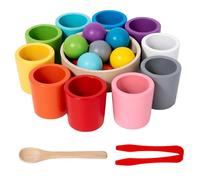 Rainbow Balls in Cups Toddler Montessori Toys, Montessori Wooden Rainbow Colour Sorting Toy Learning Color Sorting and Counting Wooden Cups and Balls Color Match Toy for 3 Year Old Up