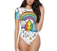 Rainbow Clouds - Body a maniche corte con stampa con gocce di pioggia, scollo rotondo, basic elasticizzato, per tutti i giorni, da donna, Nero , M