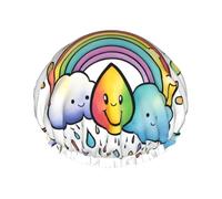 Rainbow Clouds - Cuffia da doccia riutilizzabile con gocce di pioggia, da donna, doppio strato impermeabile, essenziale per il trattamento dei capelli