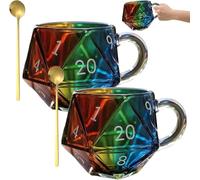 Rainbow D20 Dice Mug, tazza da caffè poliedrica con manico, tazze da caffè in vetro a coste con cucchiaio, tazza in vetro poliedrico a 20 lati, tazza da notte di gioco regalo per gli amanti della