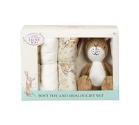 Rainbow Designs Guess How Much I Love You, set regalo essenziale per bambini, con peluche a forma di lepre color nocciola e 3 panni in mussola di cotone, in scatola illustrata, regalo per baby shower