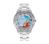 Rainbow Over The Sea Clouds and Beach Starfish Orologi da uomo in acciaio inossidabile cinturino analogico al quarzo orologio da polso business, Stile:, regular, Bracciale